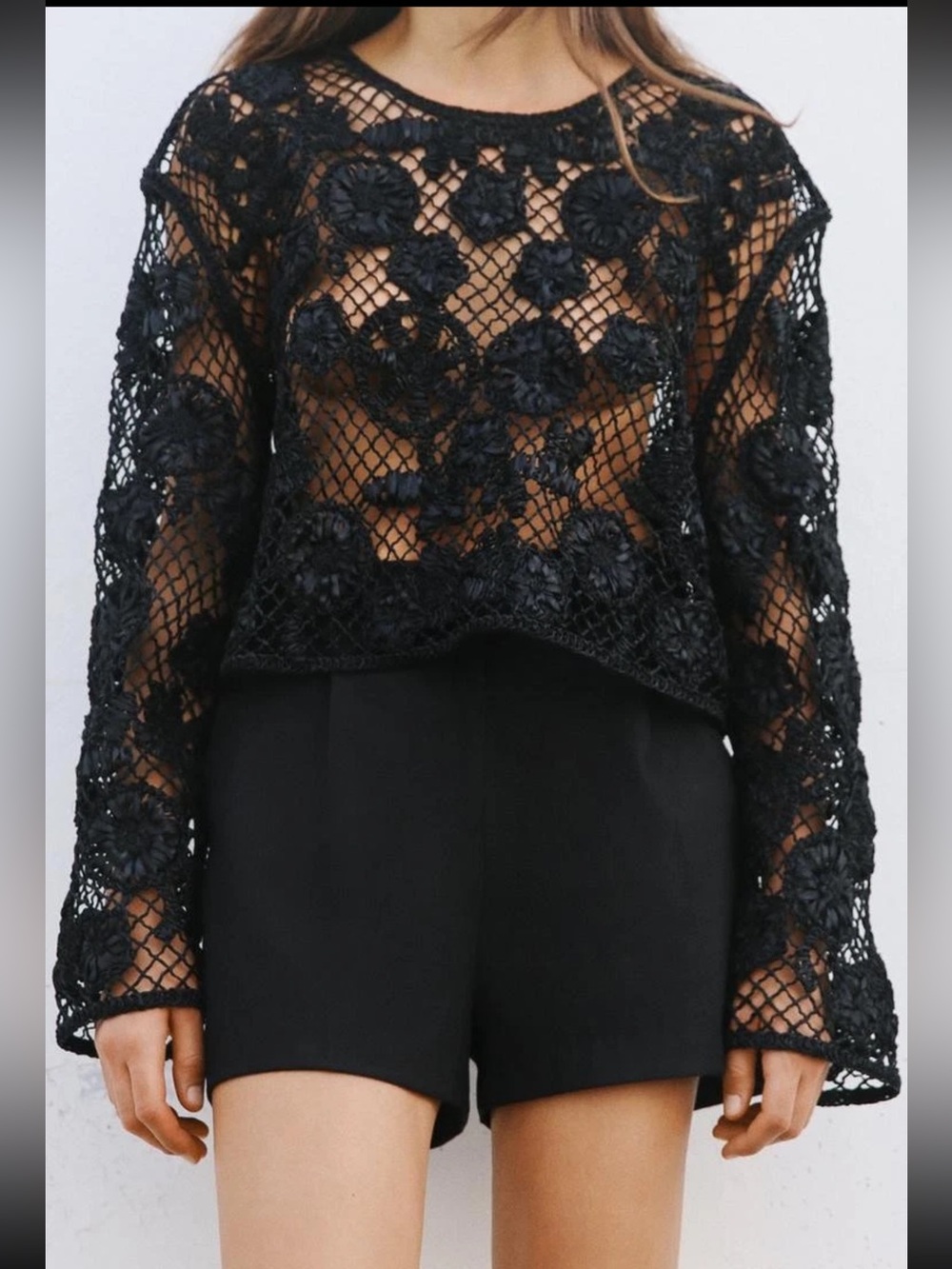 Zara Black Crochet Lace Cropped Top M